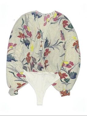 Fashion Nova Cream Floral Long Sleeve Bodysuit with Multicolor Bloom Print